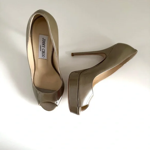 Jimmy Choo Crown Beige Khaki Patent Leather Peep Toe Platform Heels size 5.5 - Picture 2 of 16